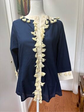 Gretchen Scott Designs Navy Blue Tassel Trim Button Front Top with Cream Accents